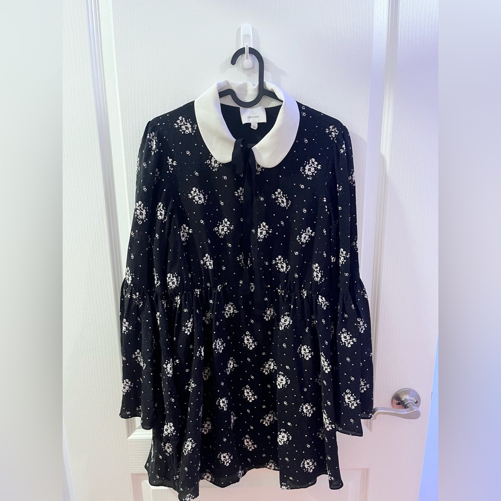 Cinq a sept black and white floral and bell sleeve dress